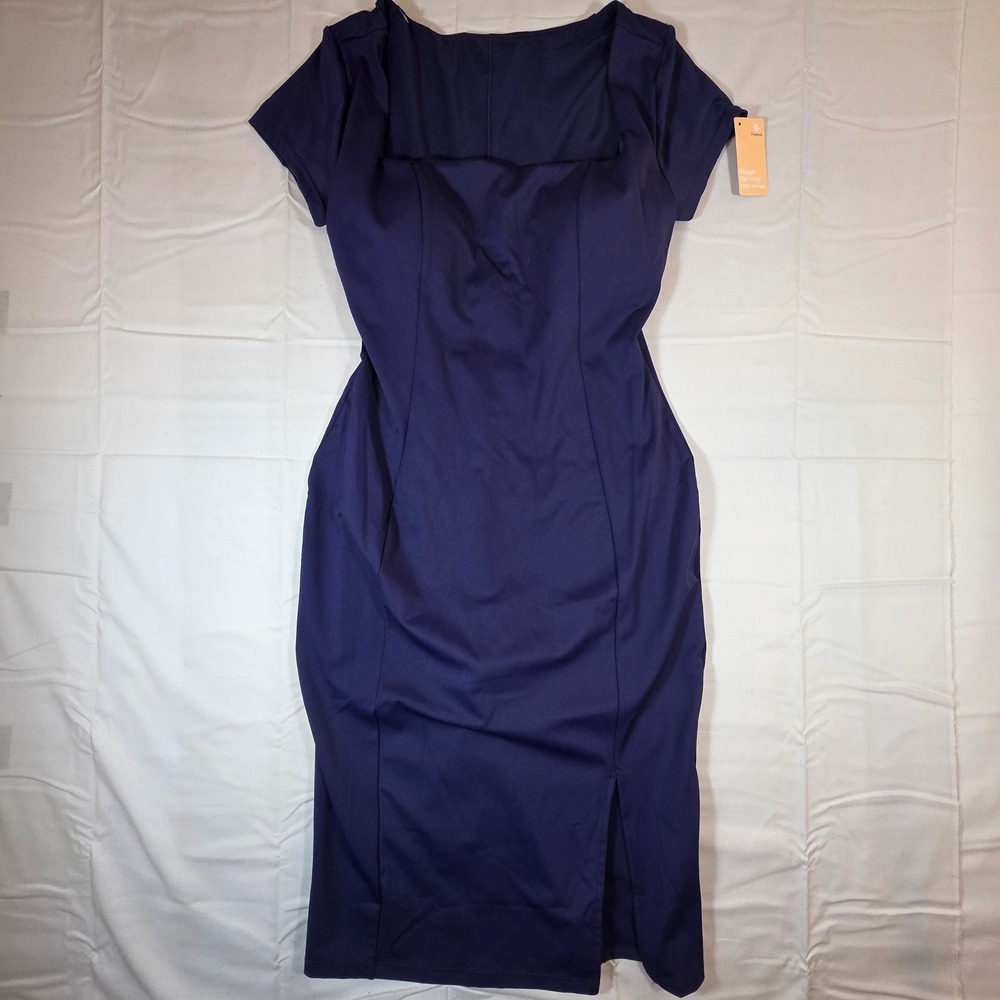 Popilush Navy Blue Built-In Shapewear Square Neck Midi Dress XL NWT